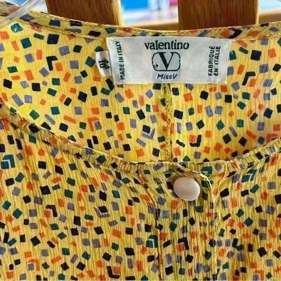 Valentino VTG Miss V  Blouse Collarless 100% Silk Long Sleeve Fun Yellow Dot 10 - Picture 4 of 4